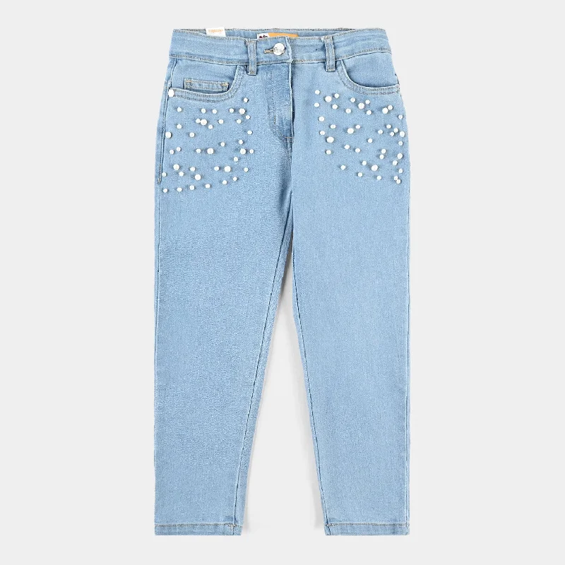 Seasonal sale  Girls Denim Stretch Pant Big Pearls-Ice Blue