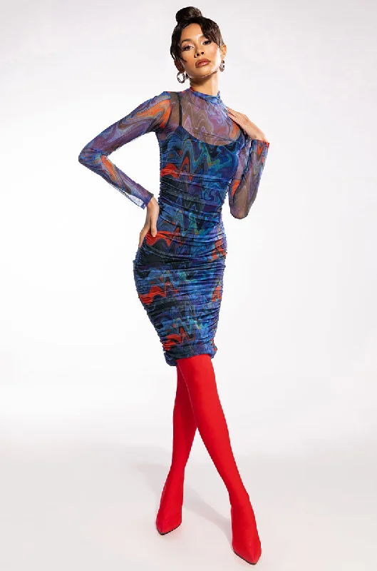 Latest fashion trends for modern women   BREAK THE MOLD LONG SLEEVE RUCHED MESH MIDI DRESS