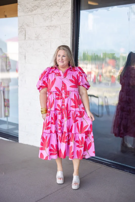 Bold, confident, and stylish women’s clothing   Palm Floral Pink Midi Dress