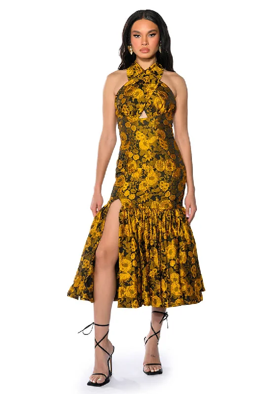 Dress to impress with elegant women’s wear   CHA CHA BROCADE HALTER NECK MIDI DRESS