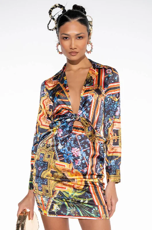 Statement pieces for the confident woman   LOOK AGAIN SATIN SCARF PRINT MINI DRESS