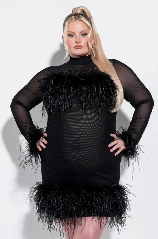 Curated collections of sophisticated women’s wear   PLUS FLOAT AWAY REAL FEATHER MESH MINI DRESS
