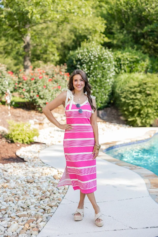 Refresh your wardrobe with stylish women’s outfits   Coastal Stripes Pink Midi Dress