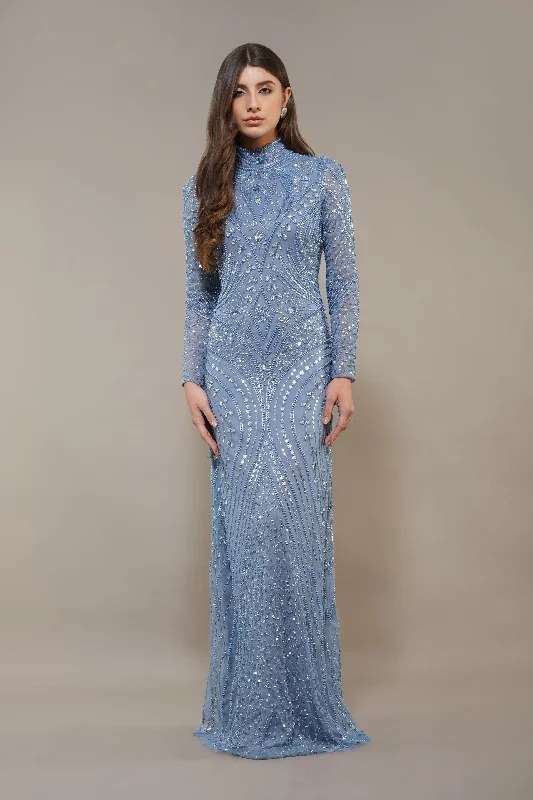 Elegant and comfortable women’s fashion wear   Lotus Embellished Maxi Dress in Light Blue