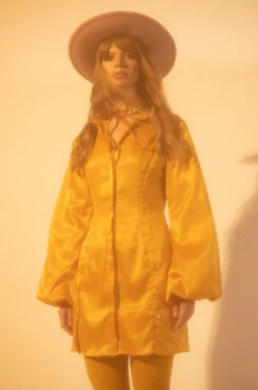 Chic and comfortable clothing for busy women   GOLDEN LOOKS BUTTON UP MINI DRESS WITH FASHION SLEEVES YELLOW