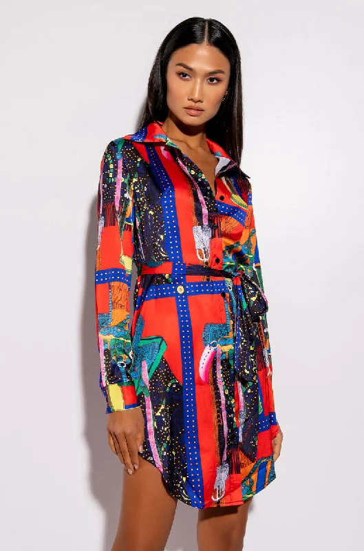 Cozy women’s clothing for the colder months   MOVE ALONG SATIN SCARF PRINT MINI DRESS
