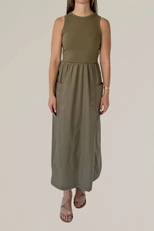 Summer-ready fashion for stylish women   Cotton Jersey Mixed Media Maxi Dress In Dusty Olive