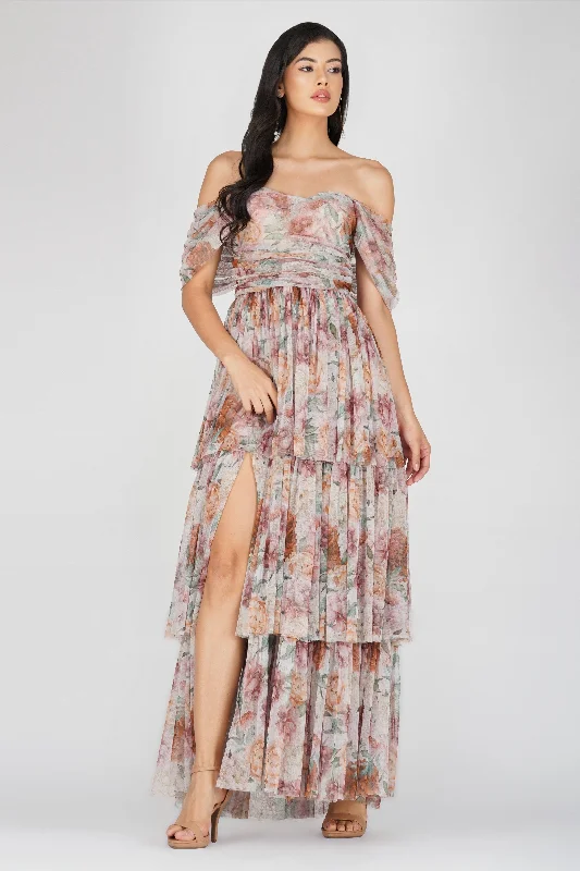 Dress to impress with elegant women’s wear Sydney Off Shoulder Tulle Maxi Dress in Brown Floral Dress to impress with elegant women’s wear Sydney Off Shoulder Tulle Maxi Dress in Brown Floral