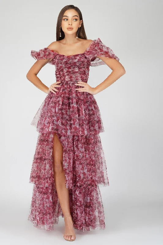 Perfect fashion pieces for the busy woman Sydney Tulle Maxi Dress in Burgundy Print Perfect fashion pieces for the busy woman Sydney Tulle Maxi Dress in Burgundy Print