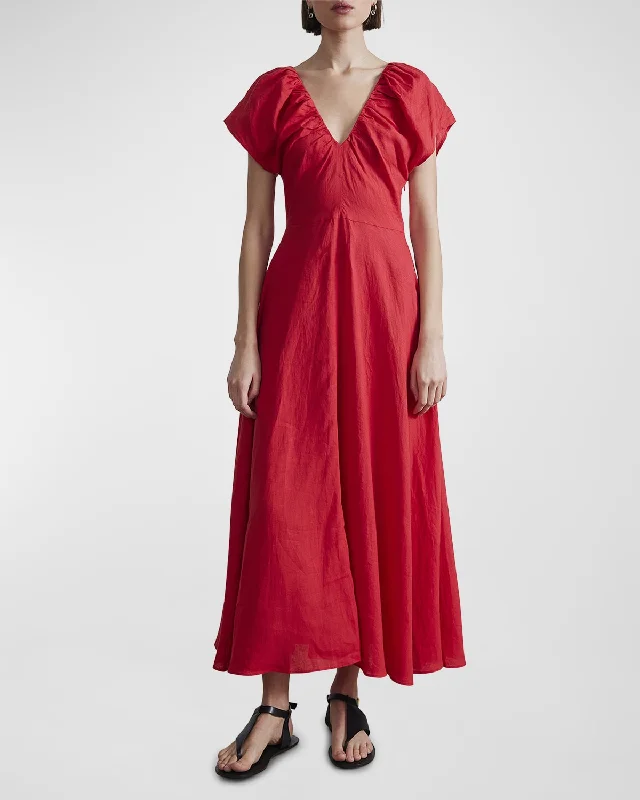 Chic for every occasion and style   Monet Ruched Flutter-Sleeve Linen Maxi Dress