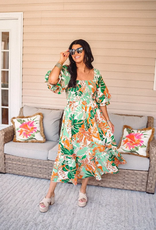 Elegant evening wear for special events   Floral Tropic Orange Midi Dress