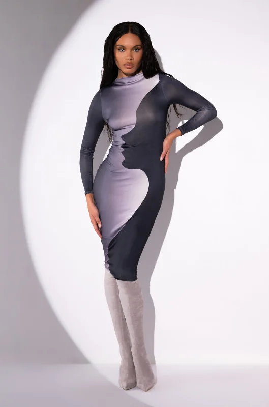 Effortlessly chic outfits for the modern woman   SILHOUETTE MOCK NECK LONG SLEEVE MIDI DRESS