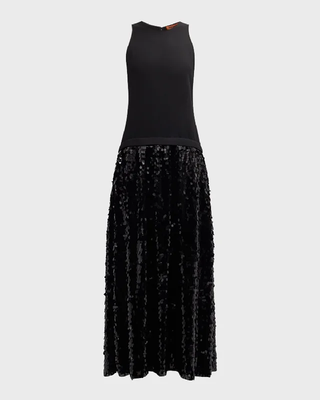 Trendy women’s clothing    Memphis Crepe Sequin Sleeveless Maxi Dress