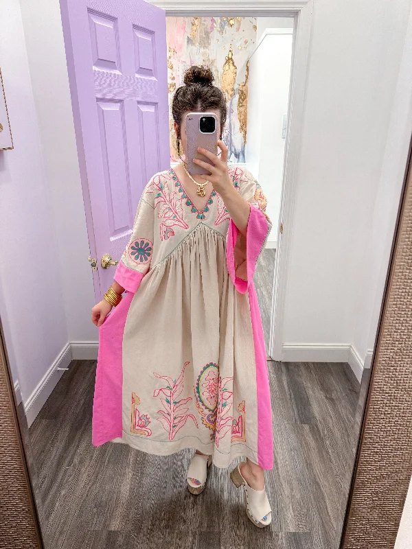 High-fashion styles at affordable prices   Embroidered Pink Taupe Midi Dress