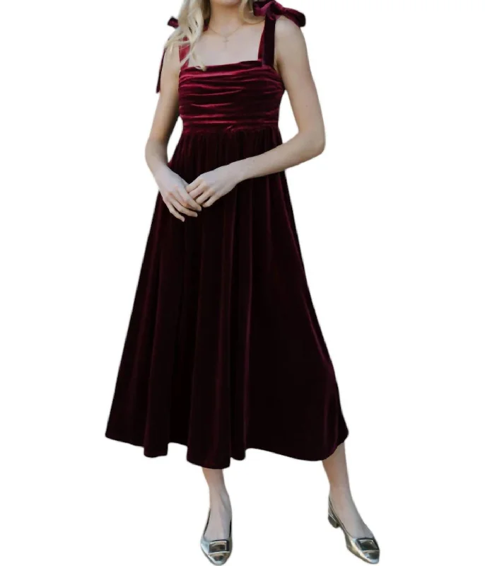 Sleek and sophisticated fashion for modern women Velvet Tie Strap Midi Dress In Burgundy Sleek and sophisticated fashion for modern women Velvet Tie Strap Midi Dress In Burgundy