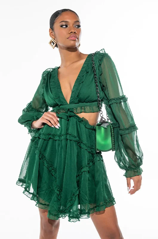 High-fashion styles at affordable prices   COCKTAIL HOUR CHIFFON MINI DRESS HUNTER GREEN