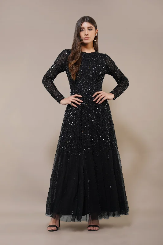 Statement pieces for the confident woman   Sila Long Sleeve Embellished Maxi Dress in Black