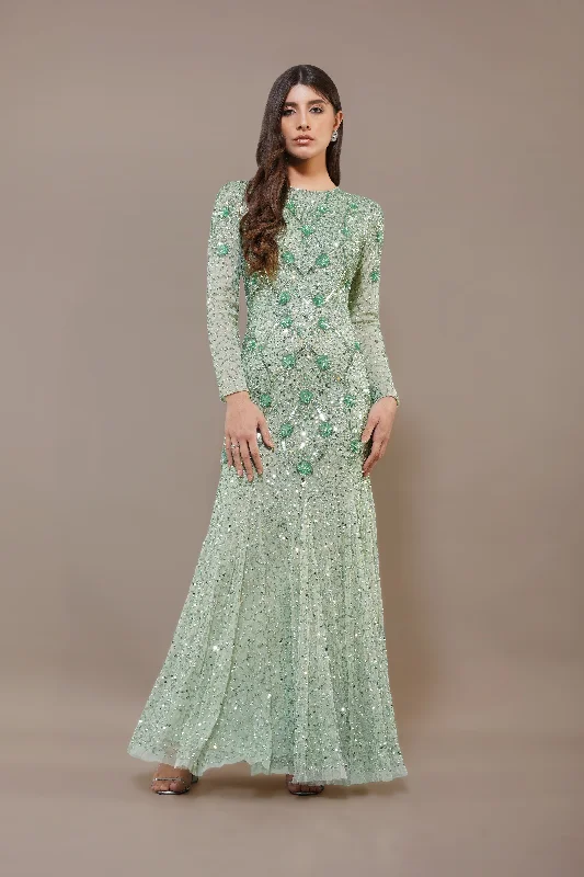 Affordable stylish women’s fashion collection   Zinnia Embellished Maxi Dress in Sage Green