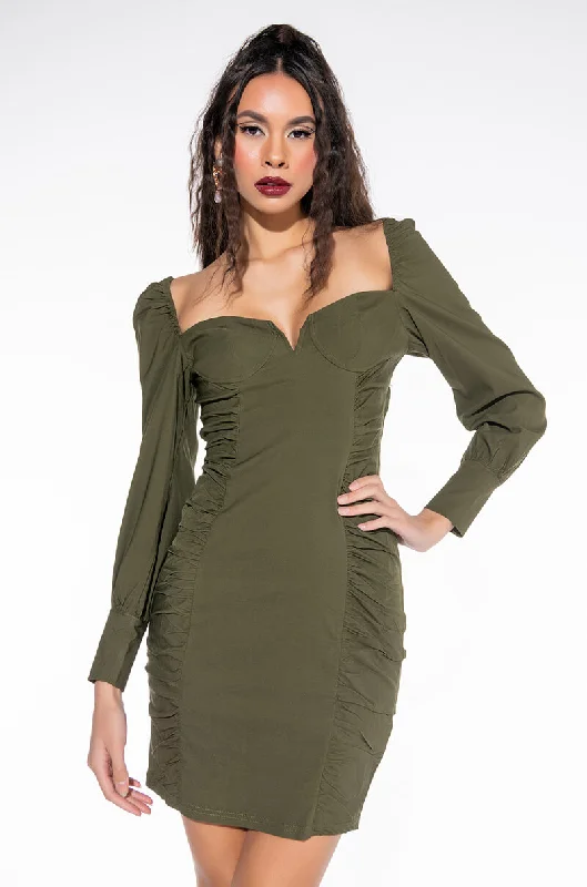 Sustainable fashion for stylish women   WHATEVER SHE LIKES LONG SLEEVE RUCHED MINI DRESS