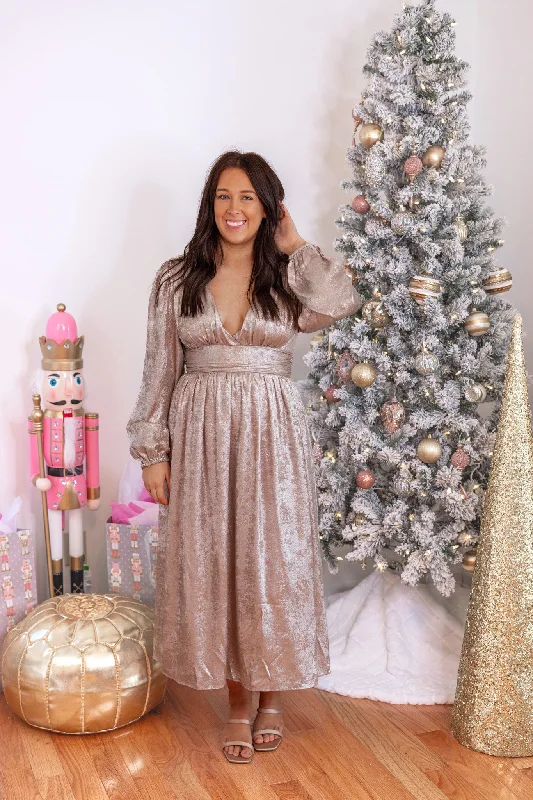 Bold and sophisticated looks for every woman   Shimmering Nights Champagne Midi Dress