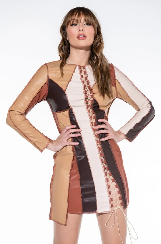 Designer-inspired women’s fashion at affordable prices BETTER FOR IT FAUX LEATHER PATCHWORK MINI DRESS Designer-inspired women’s fashion at affordable prices BETTER FOR IT FAUX LEATHER PATCHWORK MINI DRESS