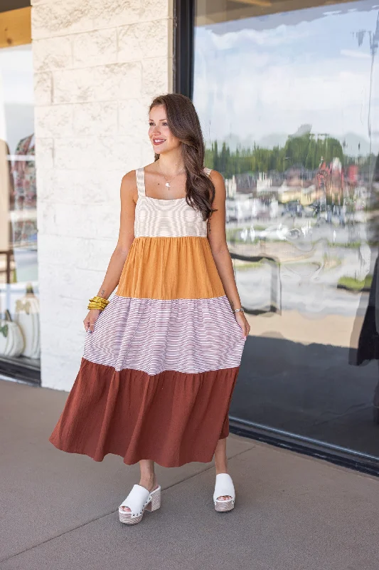 Curated collections for modern, fashionable women   Striped Colorblock Mustard Midi Dress