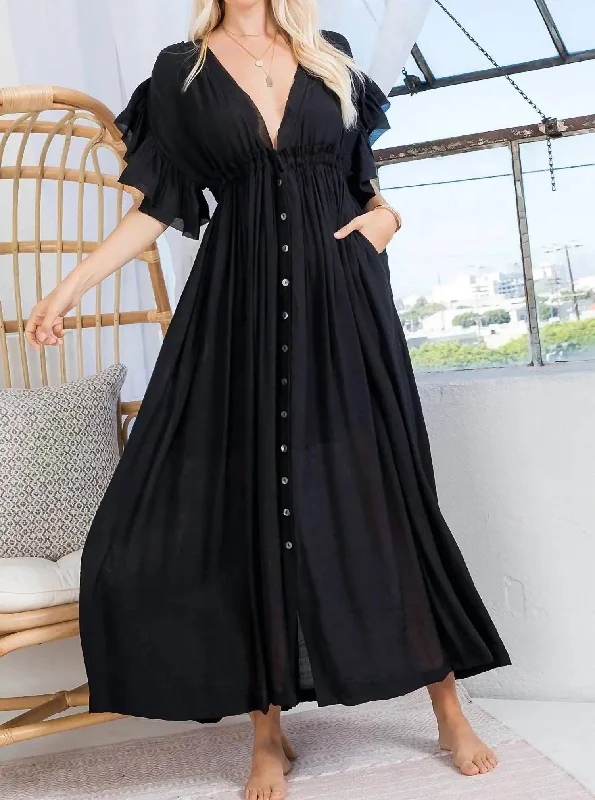 Women’s clothing that fits your personality and style   Deep V Neck Ruffle Maxi Dress In Black