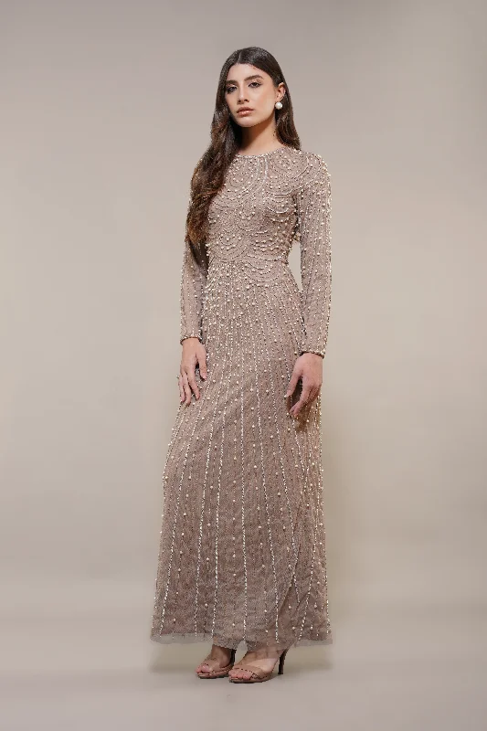 Effortlessly chic outfits for the modern woman   Mabel Embellished Maxi Dress in Taupe