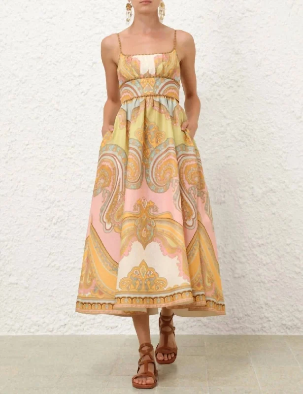 Step into style with our women’s clothing collection   Maxine Picnic Midi Dress In Gold Paisley