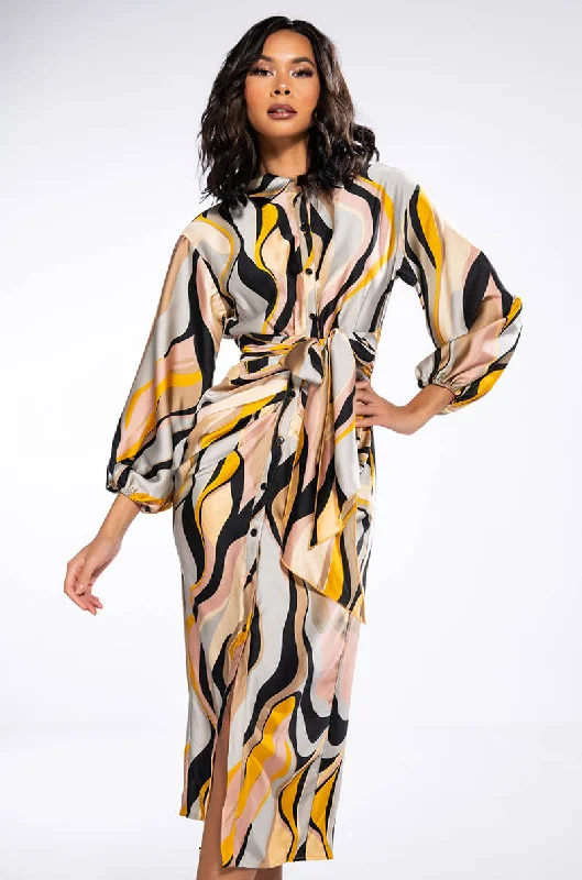 High-quality women’s wear for everyday elegance   WORK OF ART SATIN BUTTON DOWN MIDI DRESS
