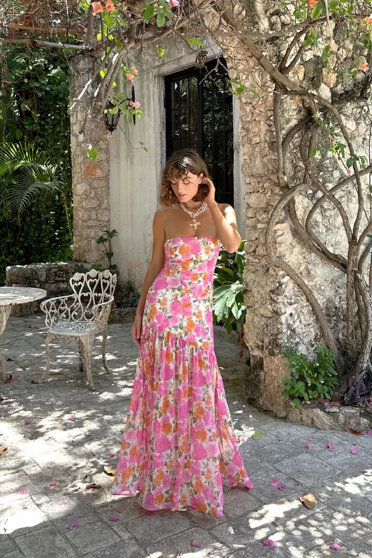 Elegant casual clothing for modern women LaBelle Strapless Drop Waist Pink Floral Maxi Dress Elegant casual clothing for modern women LaBelle Strapless Drop Waist Pink Floral Maxi Dress