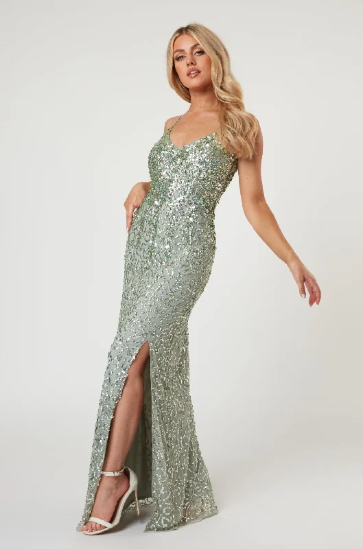 Stylish and comfortable outfits for women   Gloria Sage Green Beaded Maxi Dress