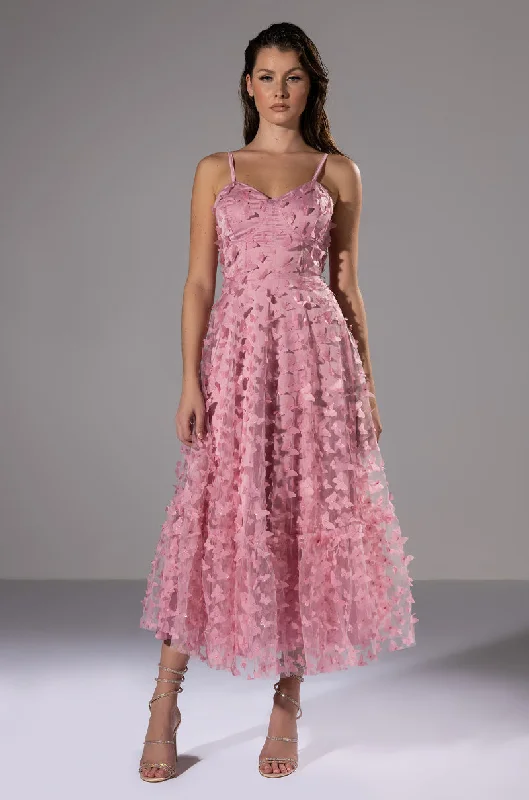 A perfect wardrobe for fashionable women   CANDY GIRL SLEEVELESS APPLIQUE MIDI DRESS IN PINK