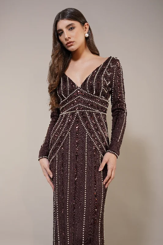 Elegant evening wear for special events   Cordelia Embellished Maxi Dress in Coffee Brown