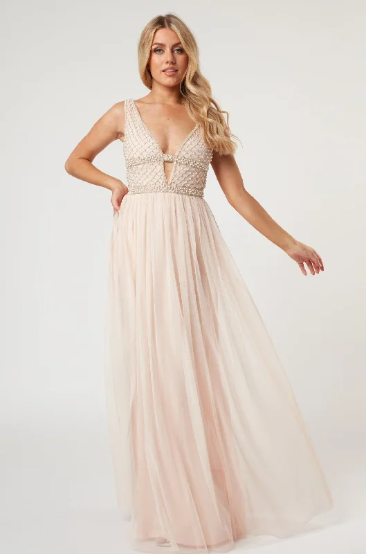 Uncover unique pieces for your perfect wardrobe   Myla Nude Embellished Maxi Dress