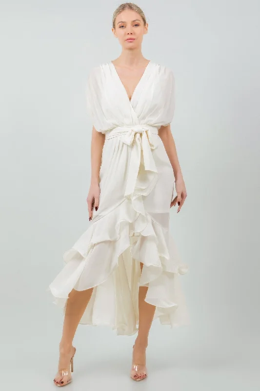 Chic for every occasion and style FASHNZFAB Women's Solid Tie Waist Ruffle Midi Dress Chic for every occasion and style FASHNZFAB Women's Solid Tie Waist Ruffle Midi Dress