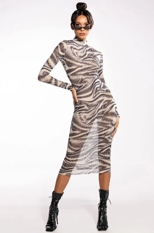 Chic, modern fashion for empowered women   SWIRL PRINT MESH LONG SLEEVE MIDI DRESS