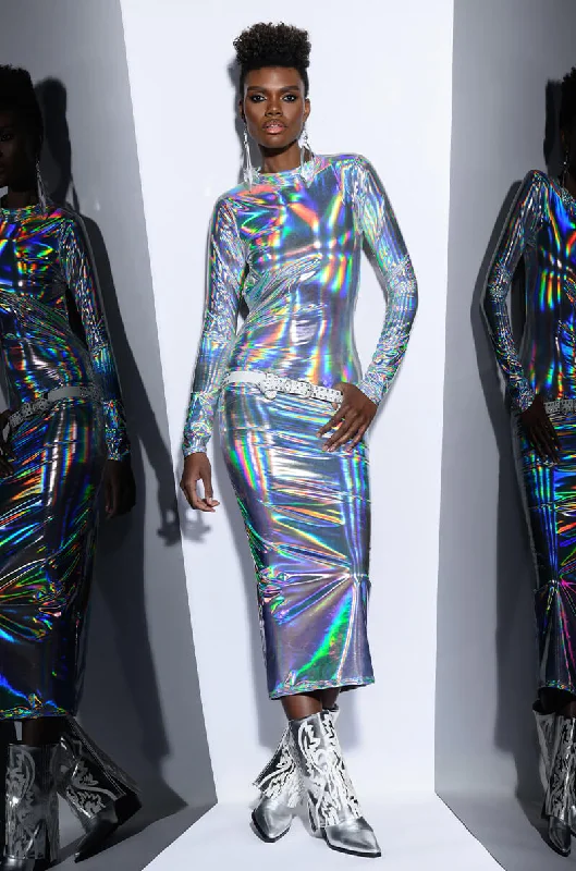 Bold and beautiful clothing for every woman   TALK ABOUT ME METALLIC MIDI DRESS