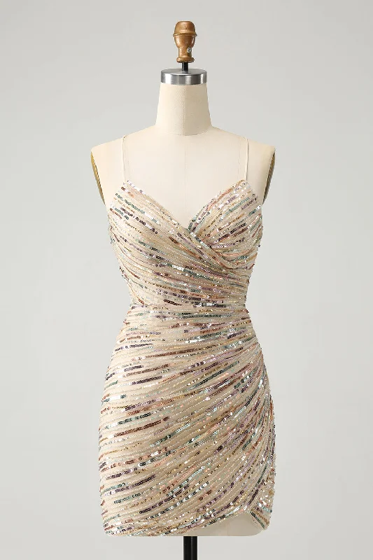 Glitter Champagne Spaghetti Straps Tight Short Homecoming Dress with Sequins