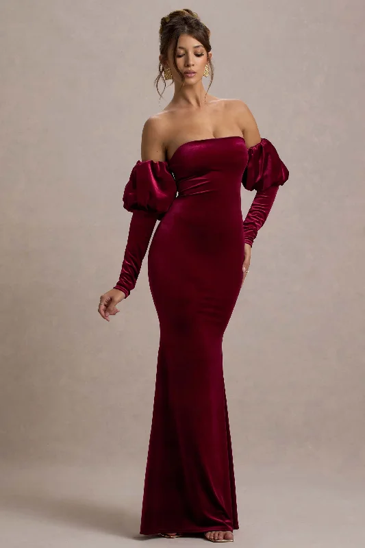 Neoma | Berry Velvet Bardot Puff-Sleeve Maxi Dress