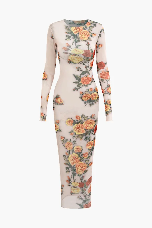 Floral Print Mesh Long Sleeve Maxi Dress