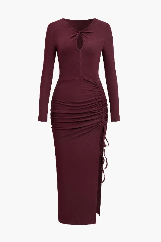 Ruched Keyhole Front Long Sleeve Maxi Dress