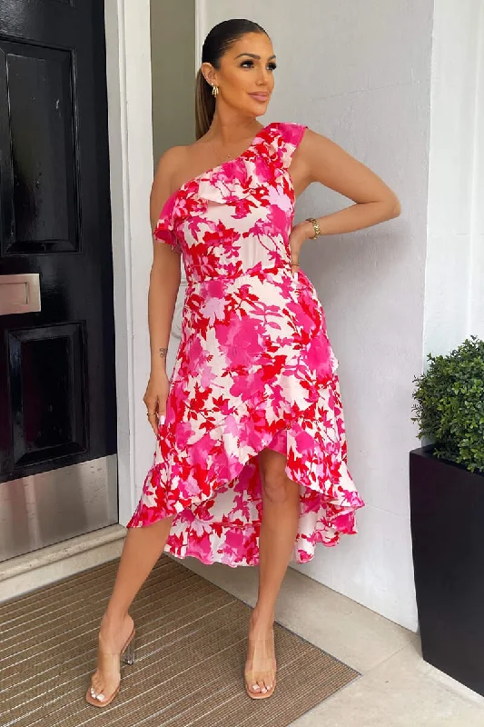 Pink Floral One Shoulder Frill Detail Dipped Hem Dress