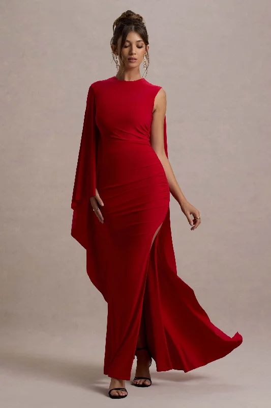 Yuna | Red Draped Maxi Dress With Cape