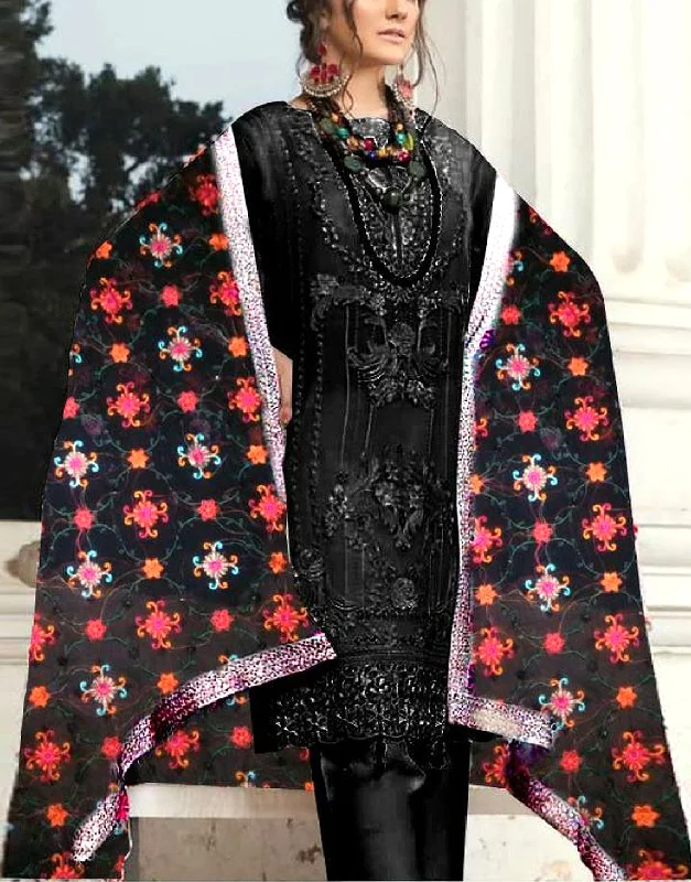 Embroidered Black Chiffon Dress with Phulkari Embroidered Dupatta (DZ13644)