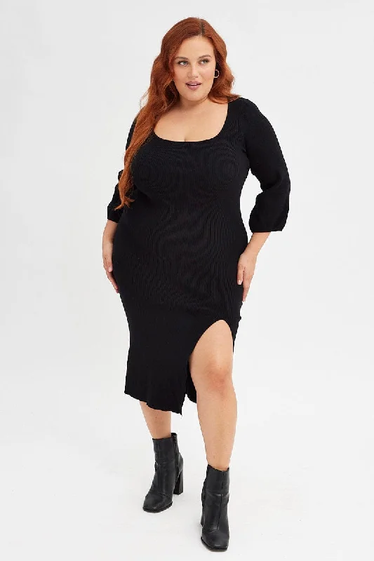 Black Midi Dress Long Balloon Sleeve Sexy Split Knit