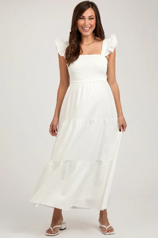 Cream Sleeveless Smocked Tiered Maternity Maxi Dress