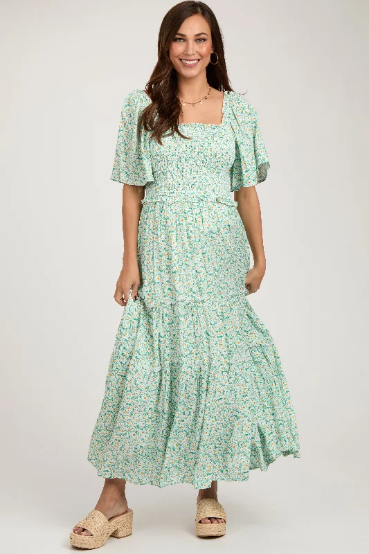 Green Floral Smocked Tiered Maternity Maxi Dress