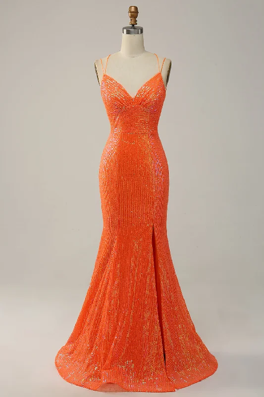 Mermaid Spaghetti Straps Orange Sequins Prom Dress with Split Front