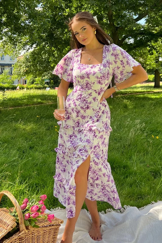 Sicily Purple Floral Frill Maxi Dress